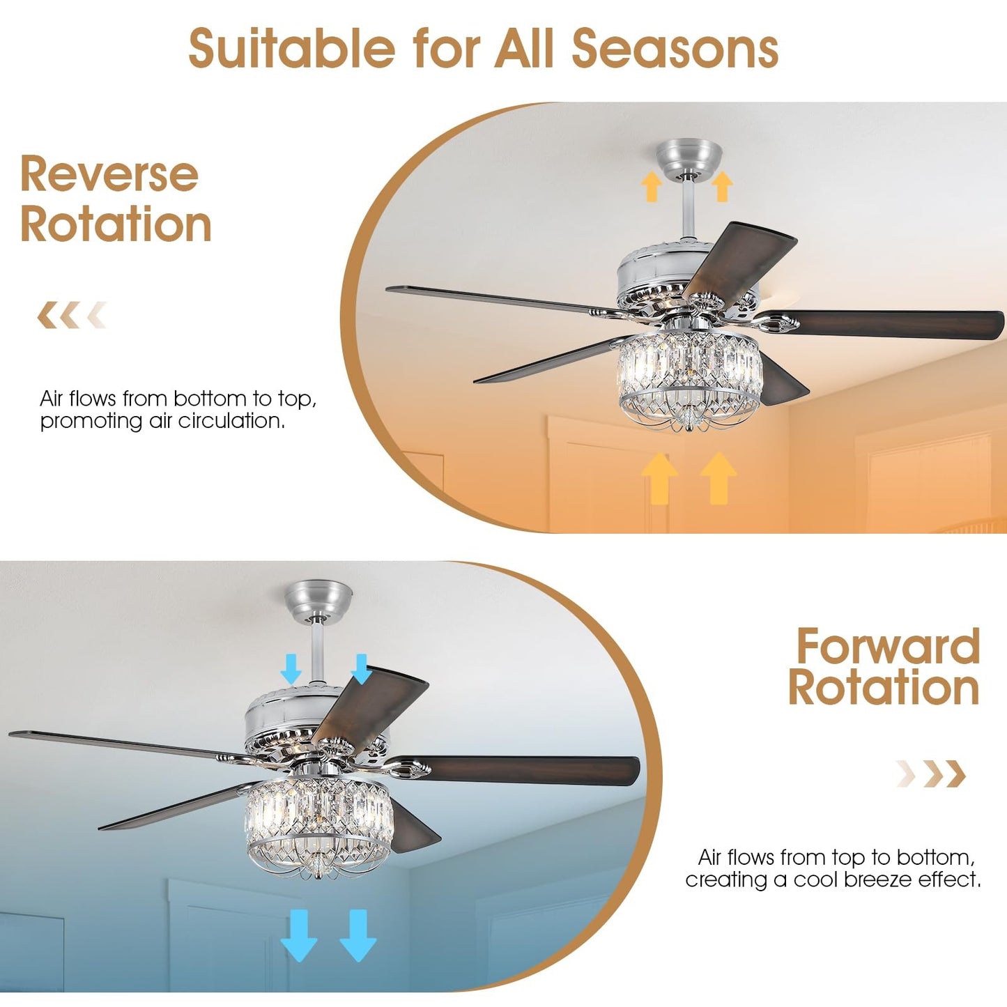 52" Crystal Ceiling Fan with Light,Modern Indoor and Outdoor Ceiling Fan,for Kitchen,Dining Room,Bedroom