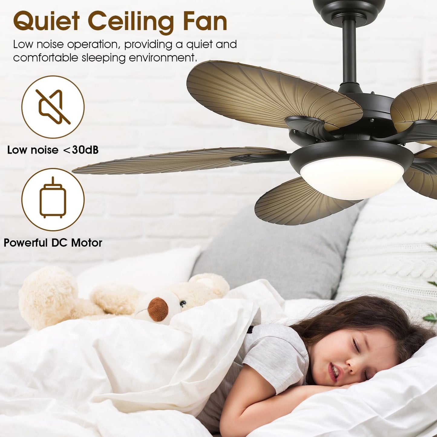 44 Inch Tropical Palm Leaf Ceiling Fan with LED Lights, Outdoor Ceiling Fans for Patios Porch, Reversible Quiet Motor, Dimmable, Light Brown