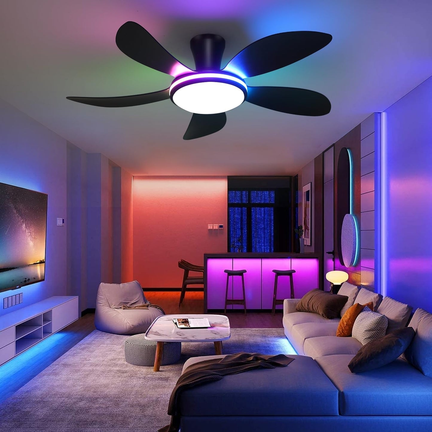 48 Inch Ceiling Fan with Light,RGB LED Light,Flush Mount Base, Five Reversible Blades