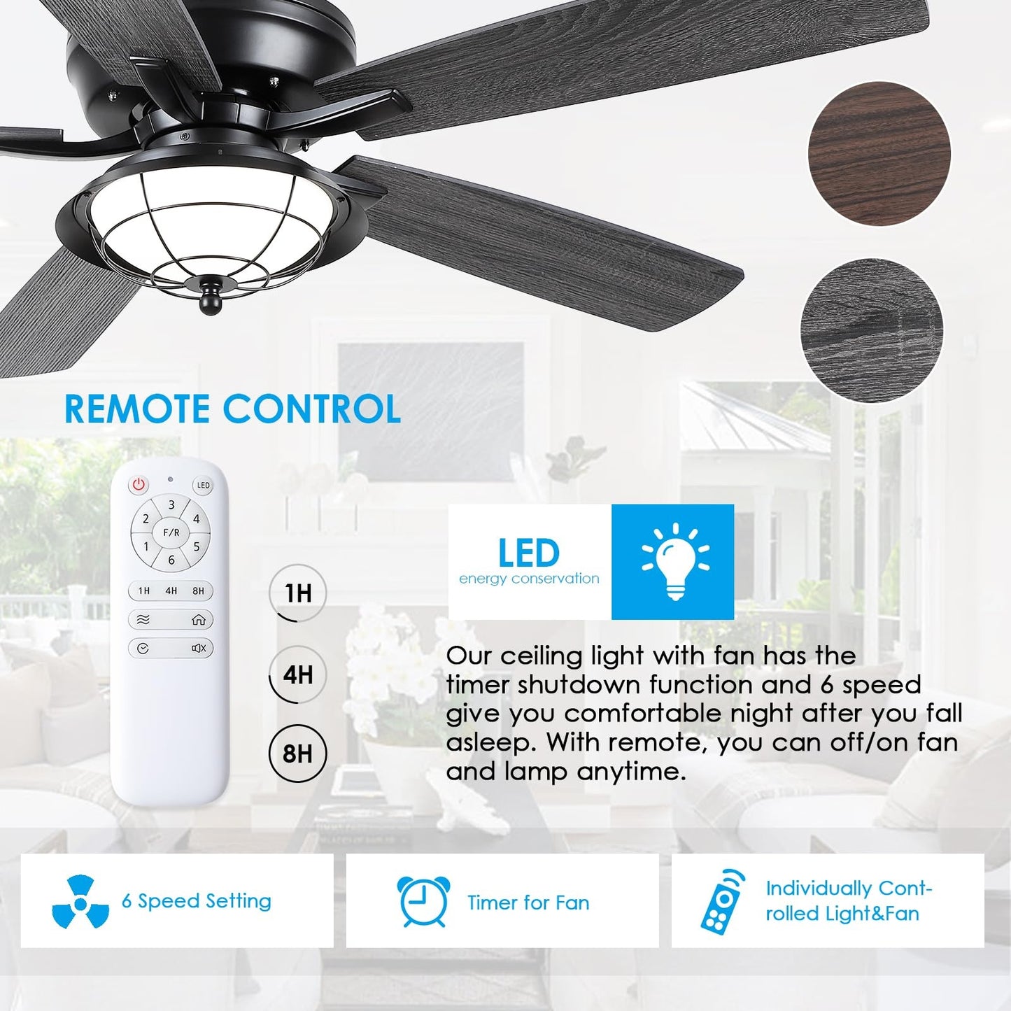 52 Inches Downrod Ceiling Fan with Light,3CCT LED Light,Reversible DC Motor,2 Downrod Inside