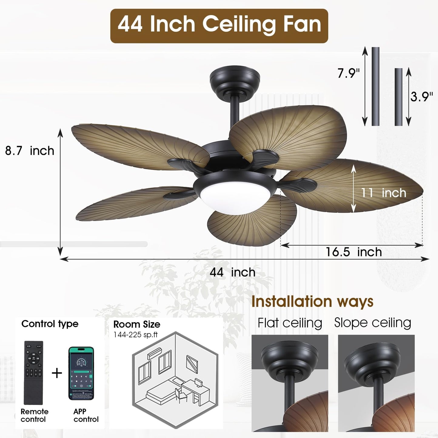44 Inch Tropical Palm Leaf Ceiling Fan with LED Lights, Outdoor Ceiling Fans for Patios Porch, Reversible Quiet Motor, Dimmable, Light Brown