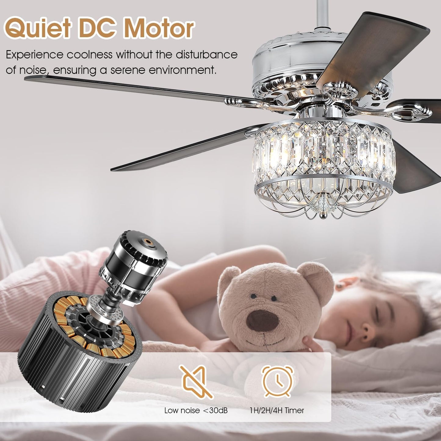 52" Crystal Ceiling Fan with Light,Modern Indoor and Outdoor Ceiling Fan,for Kitchen,Dining Room,Bedroom