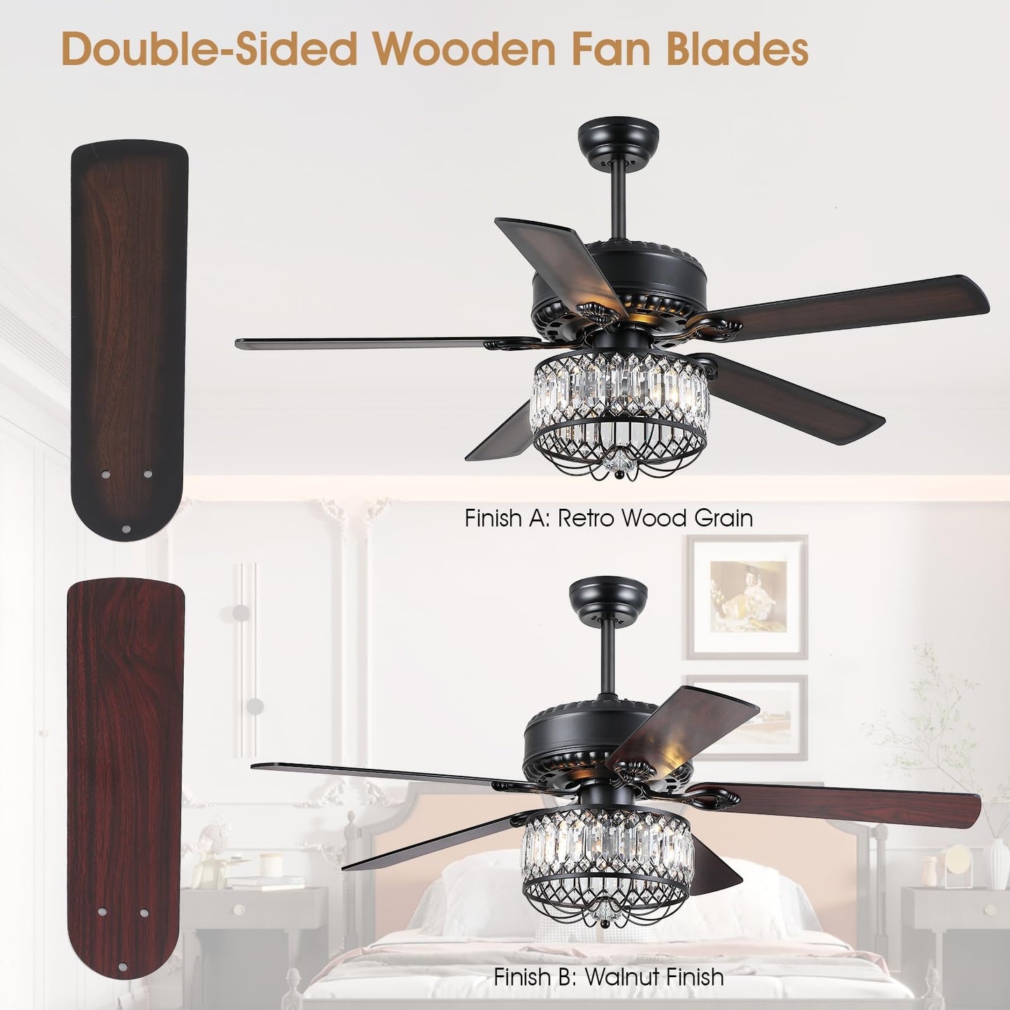 52 Inches Downrod Crystal Ceiling Fan with Light, different Decor Style,for Kitchen,Dining Room,Bedroom