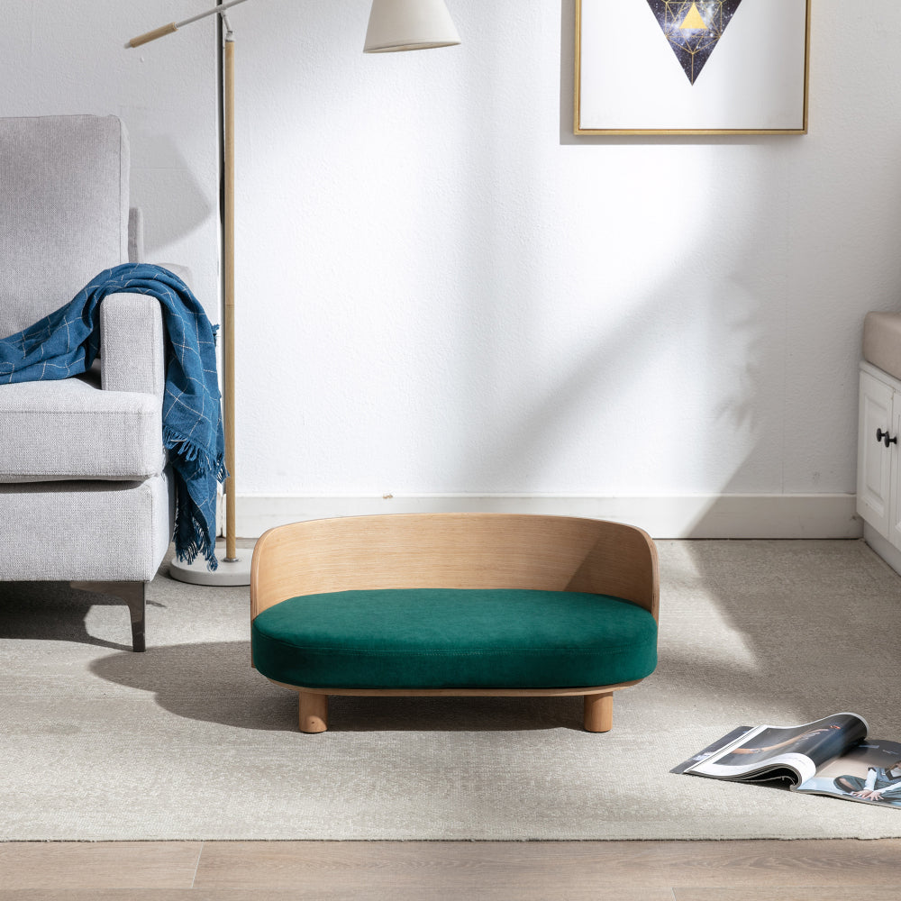 Bellura Pet - Scandinavian style Elevated Dog Bed Pet Sofa With Solid Wood legs and Bent Wood Back, Velvet Cushion, Walnut