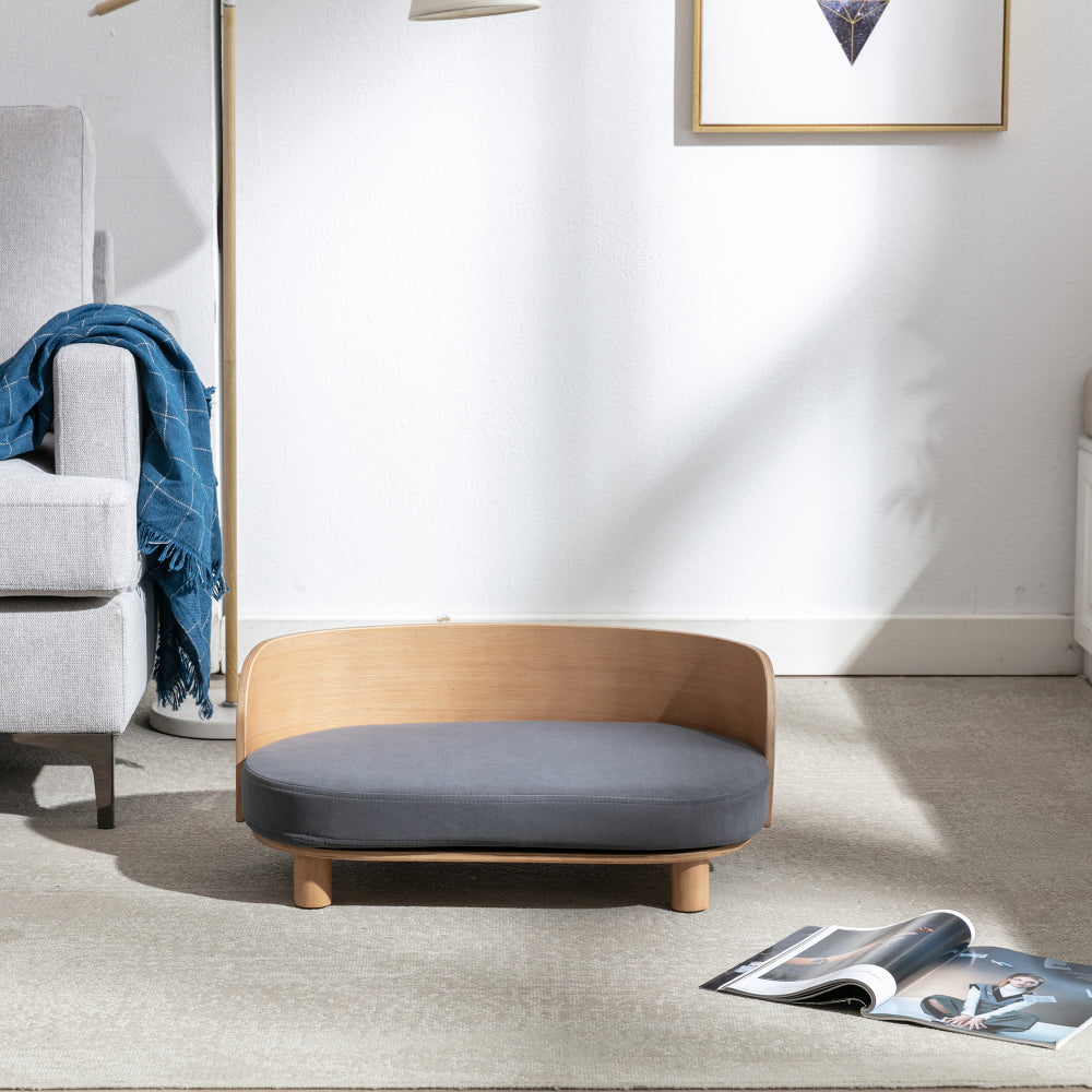 Bellura Pet - Luxurious Dark Grey Velvet Cushion Dog Bed with Walnut Details and Scandinavian Style Elevated Sofa Design