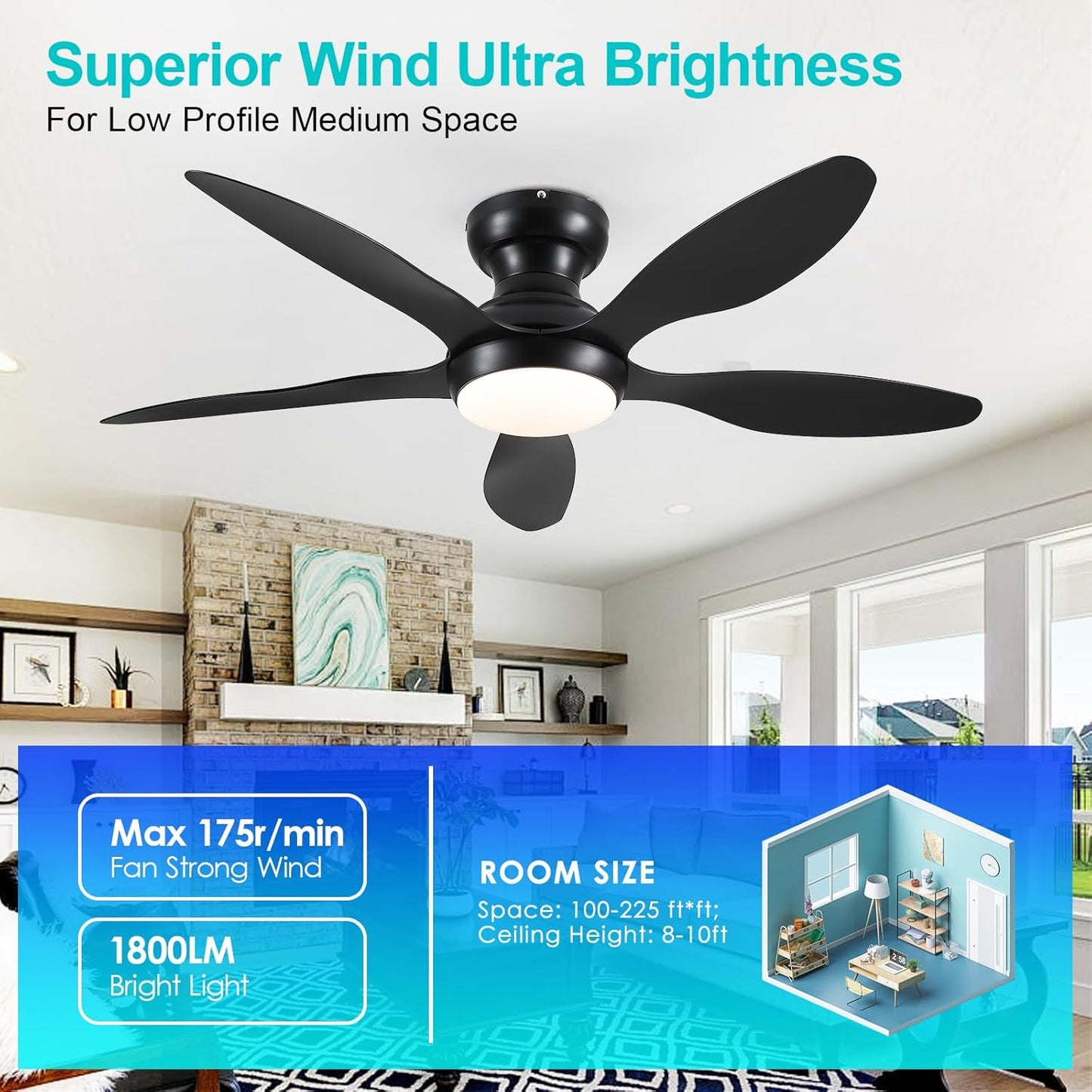 46" Flush Mount Ceiling Fan,Low Profile Ceiling Fan