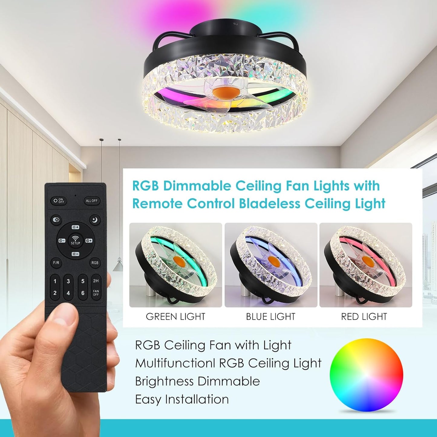 13 Inch RGB Modern Ceiling Fan with Light
