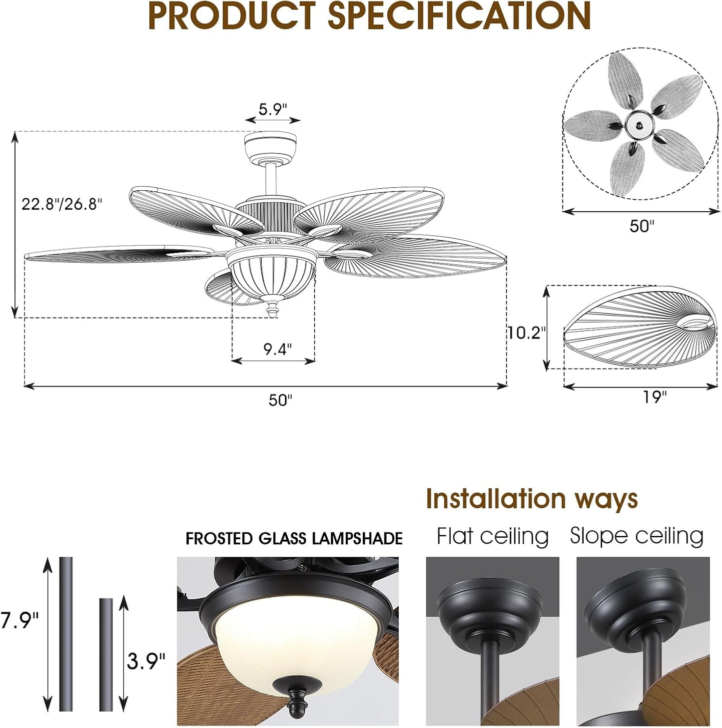 52 Inches Brown Tropical Ceiling Fan