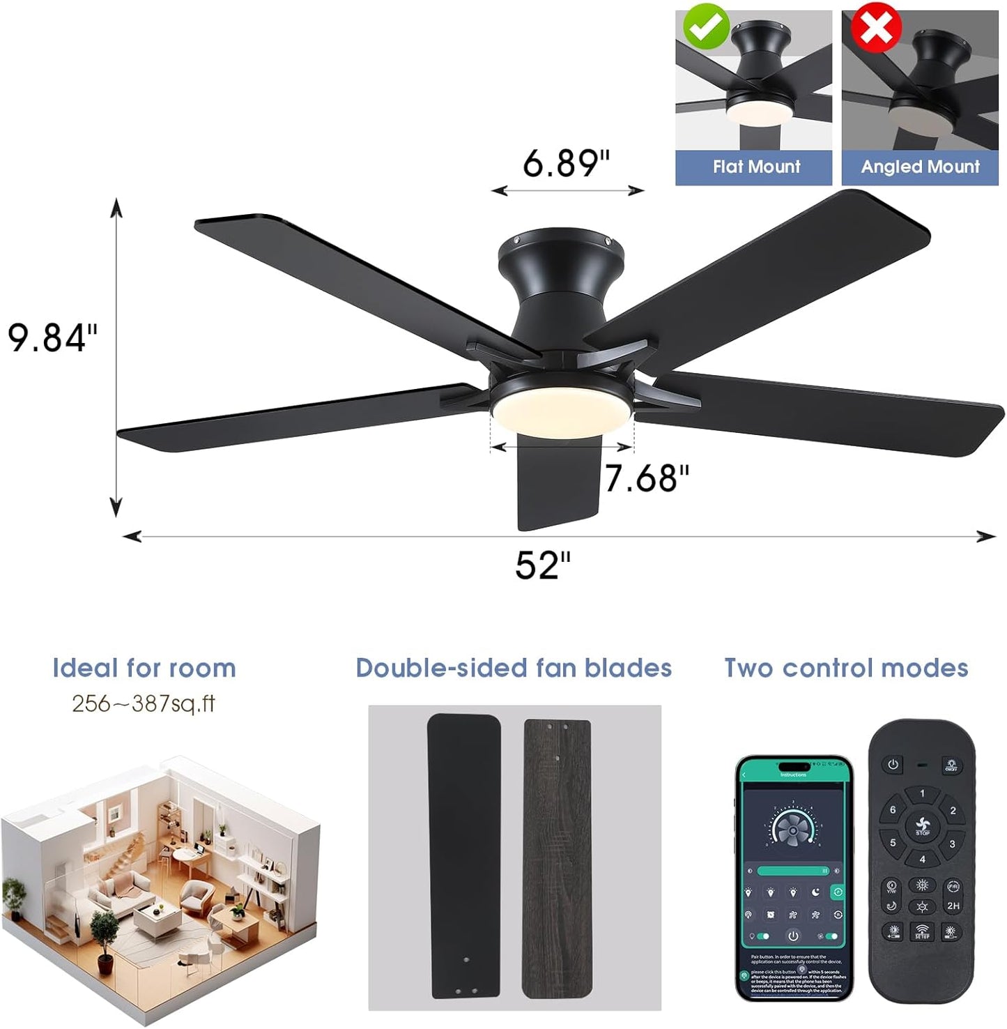 52 Inches Flush Mount Ceiling Fan