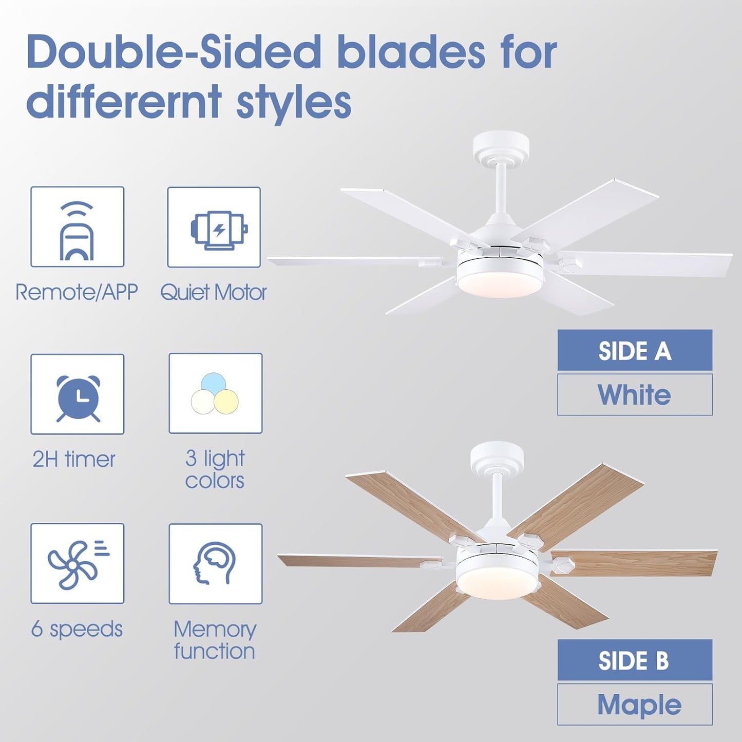 46 or 52 Inch Downrod Ceiling Fan with LED Light,5 Reversible Plywood Blades,APP and Remote Control