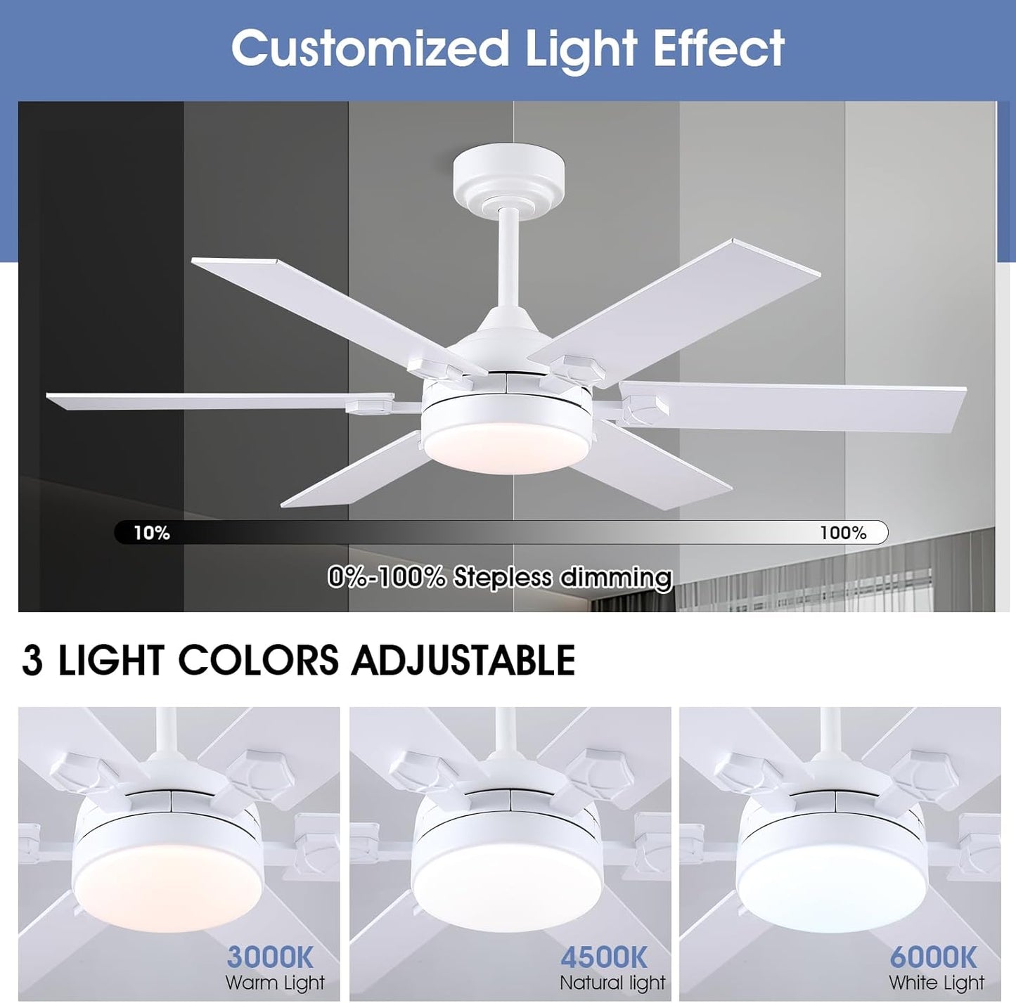 46 or 52 Inch Downrod Ceiling Fan with LED Light,5 Reversible Plywood Blades,APP and Remote Control