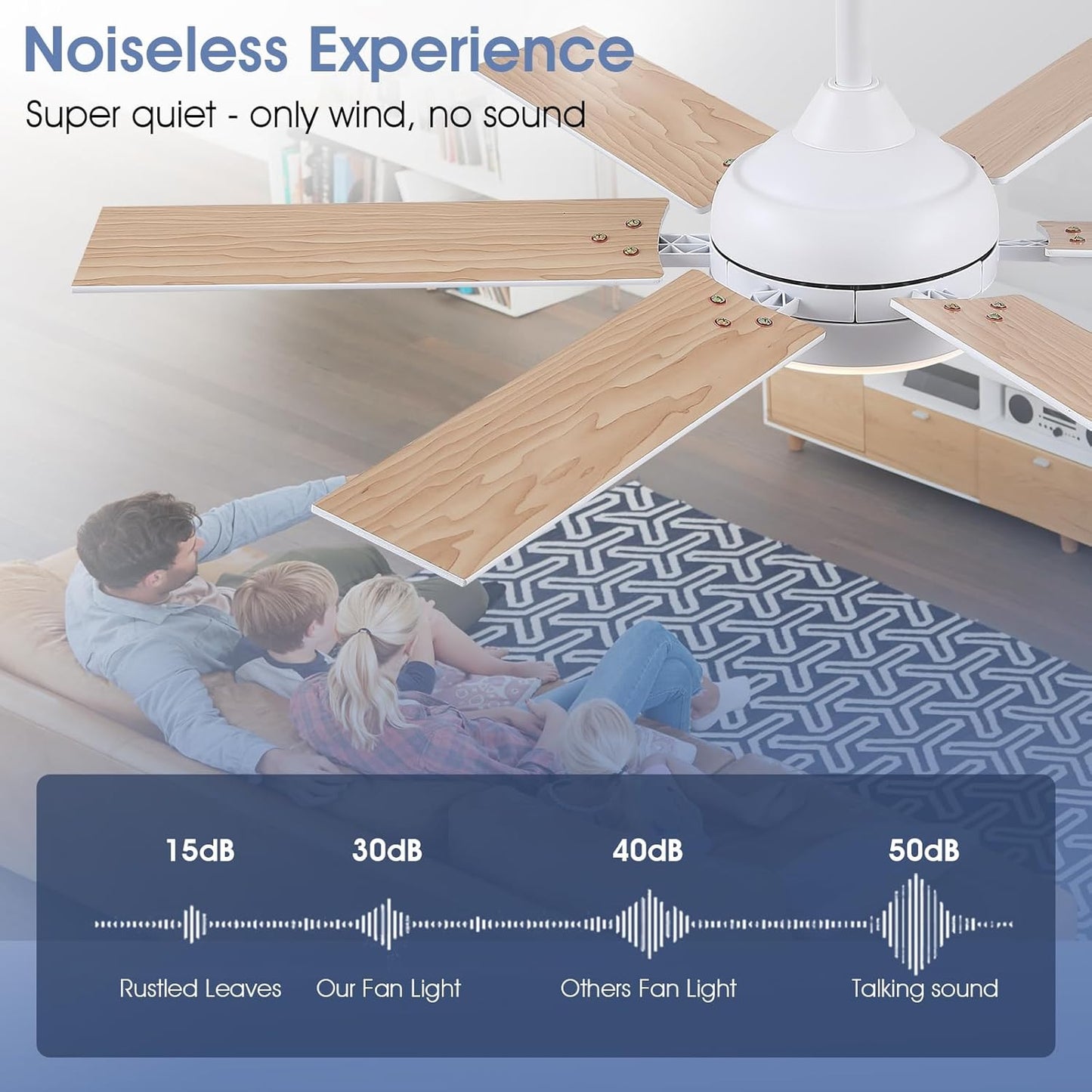 46 or 52 Inch Downrod Ceiling Fan with LED Light,5 Reversible Plywood Blades,APP and Remote Control