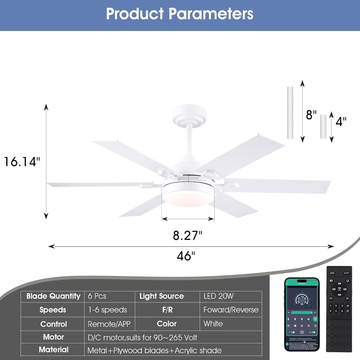 46 or 52 Inch Downrod Ceiling Fan with LED Light,5 Reversible Plywood Blades,APP and Remote Control