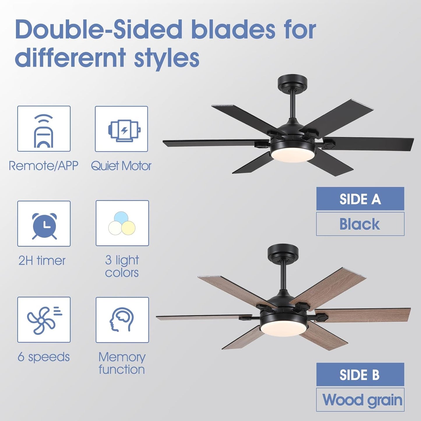 46 or 52 Inch Downrod Ceiling Fan with LED Light,5 Reversible Plywood Blades,APP and Remote Control