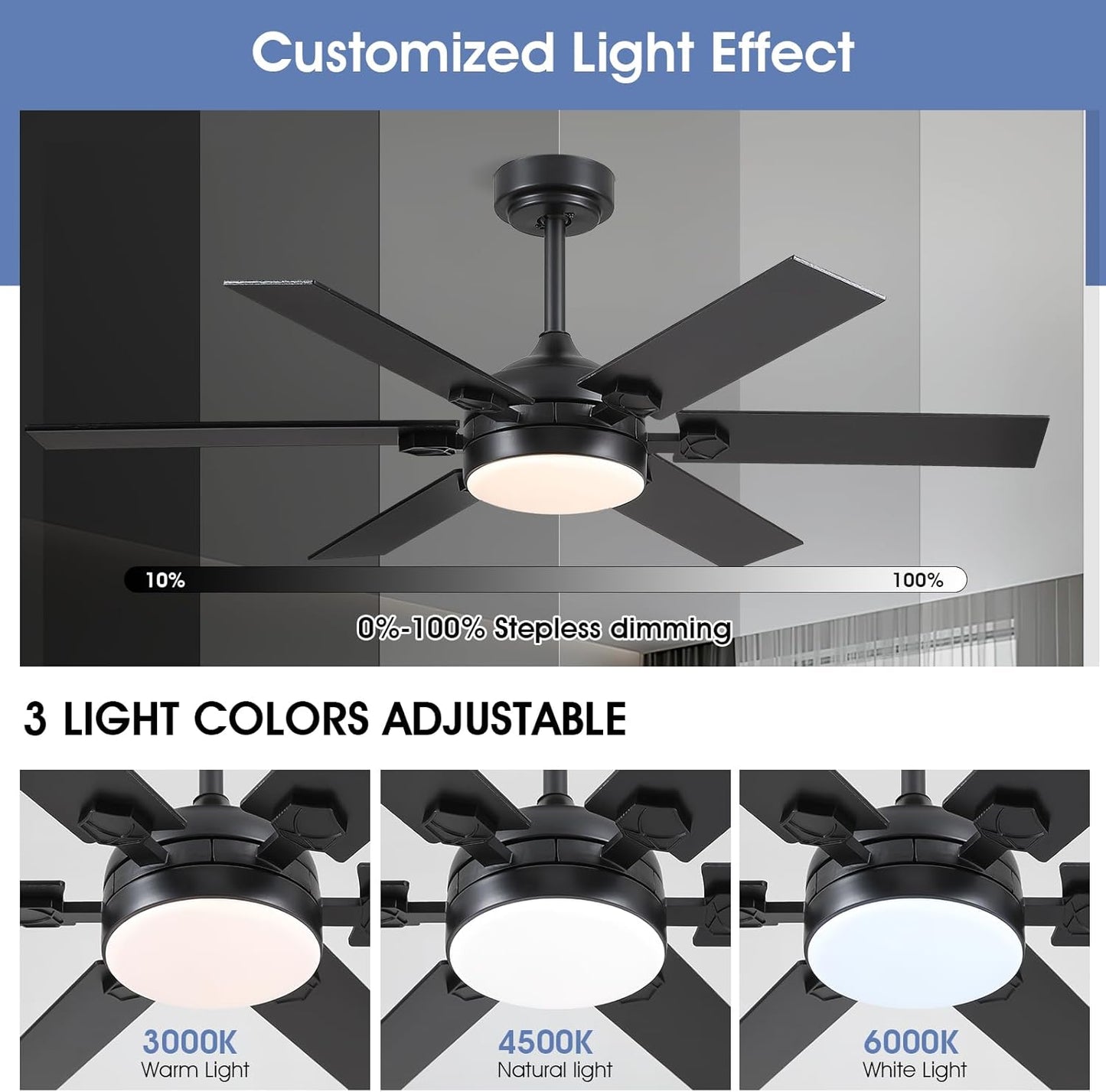 46 or 52 Inch Downrod Ceiling Fan with LED Light,5 Reversible Plywood Blades,APP and Remote Control