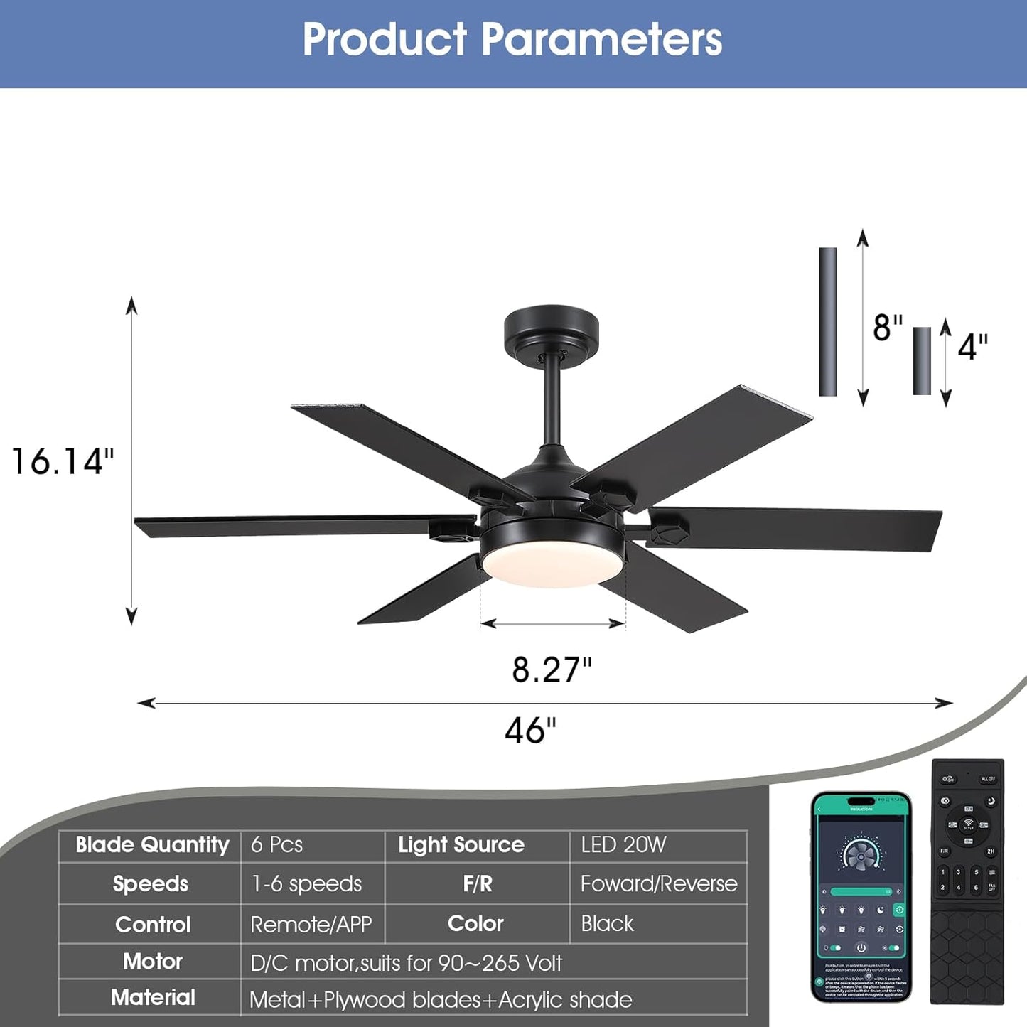 46 or 52 Inch Downrod Ceiling Fan with LED Light,5 Reversible Plywood Blades,APP and Remote Control