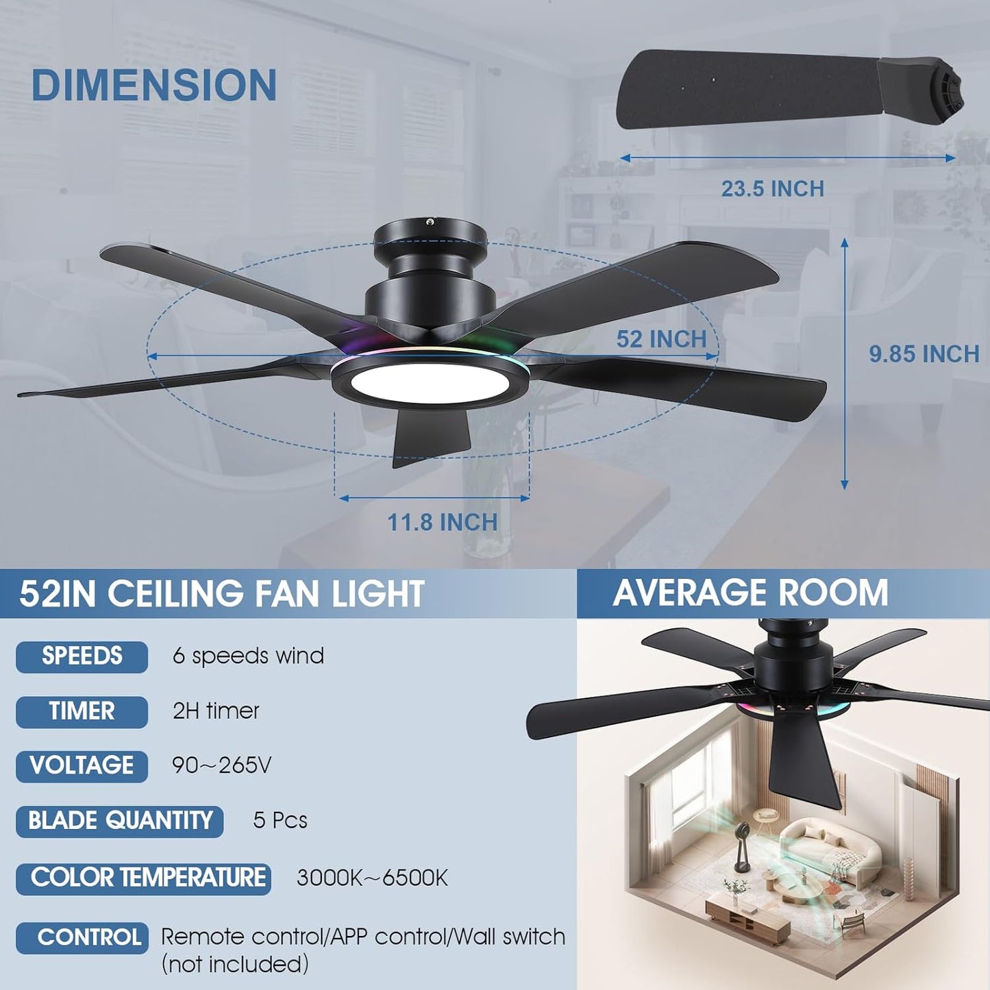 52 Inch RGB Ceiling Fan