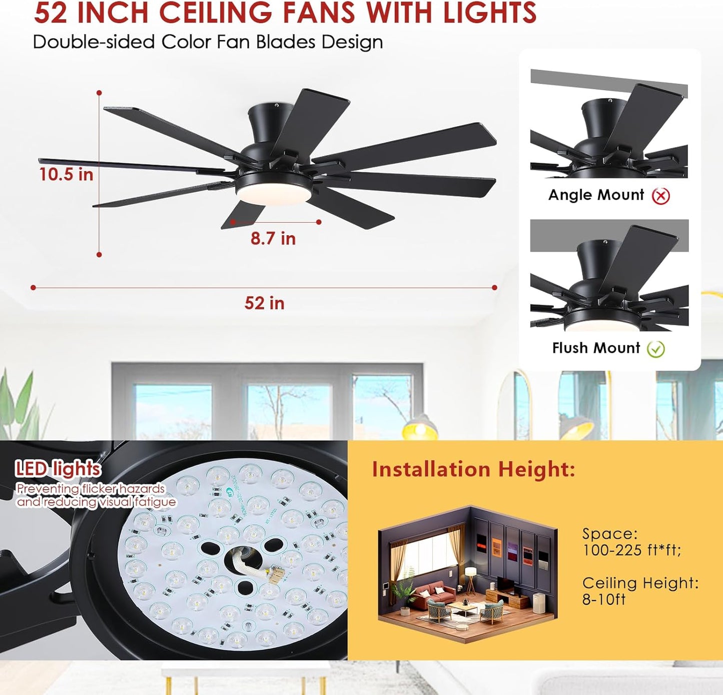 52 Inches Low Profile Ceiling Fan