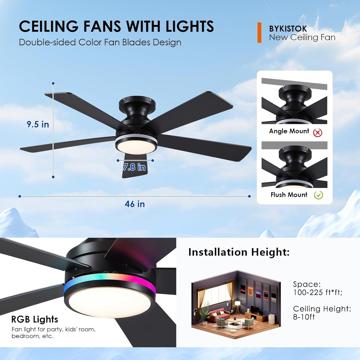 46 Inch Black RGB Ceiling Fan