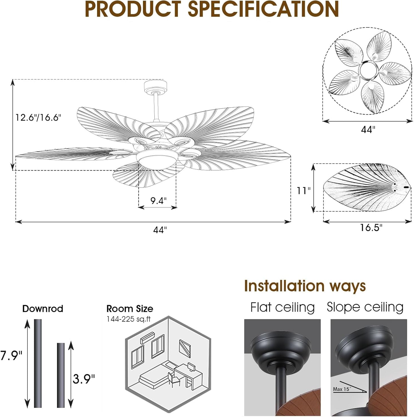 44 Inch Tropical Ceiling Fan with LED Lights, Palm Leaf Blades,6 Speed,Dimmable LED,Wood Grain Design,for Kitchen,Dining Room,Patio