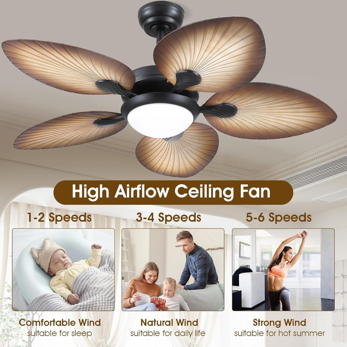 44 Inch Tropical Ceiling Fan with LED Lights, Palm Leaf Blades,6 Speed,Dimmable LED,Wood Grain Design,for Kitchen,Dining Room,Patio