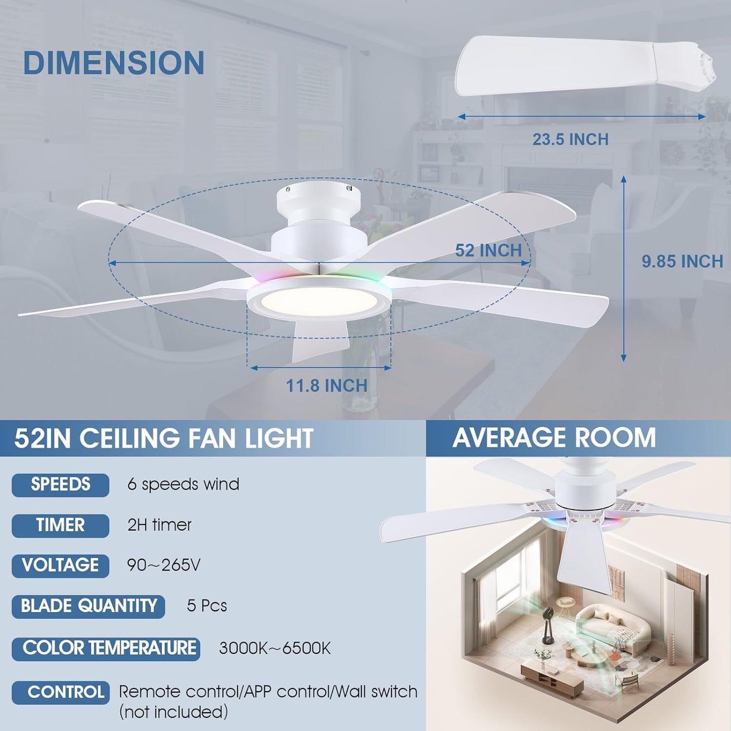52 Inches Flush Mount Ceiling Fan