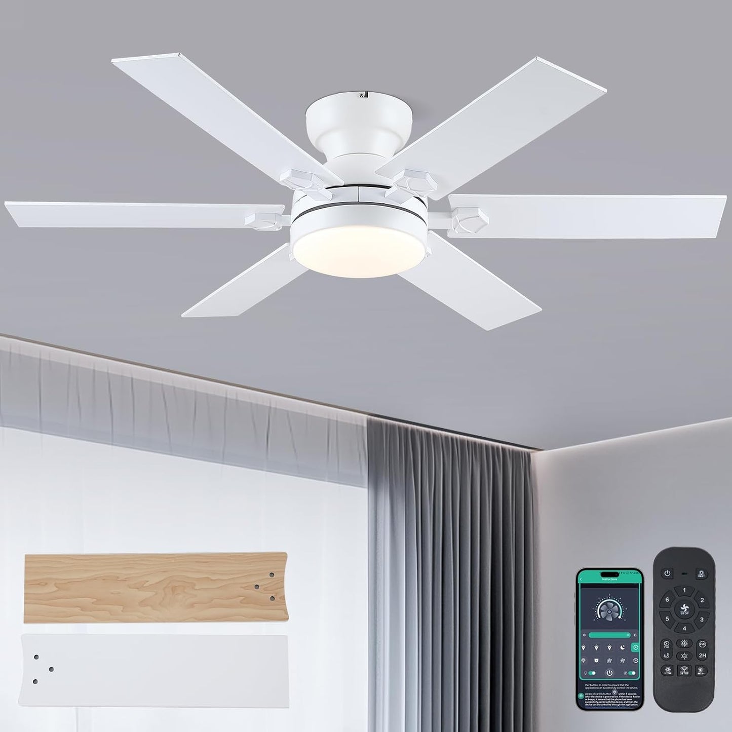52" Flush Mount Low Profile Ceiling Fan with Light and Remote ,for Kitchen,Patio,Bedroom