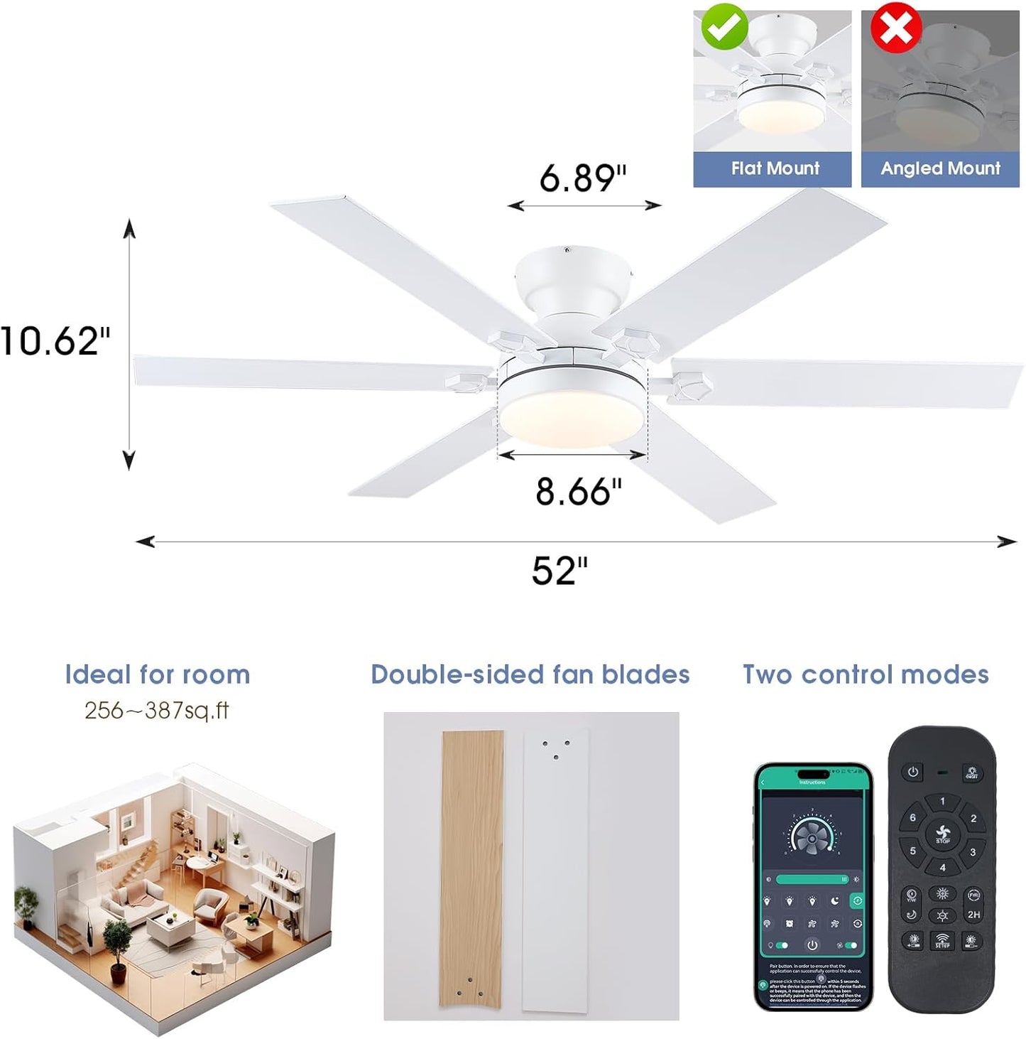 52 Inches Flus Mount 6 Blades Ceiling Fan with light