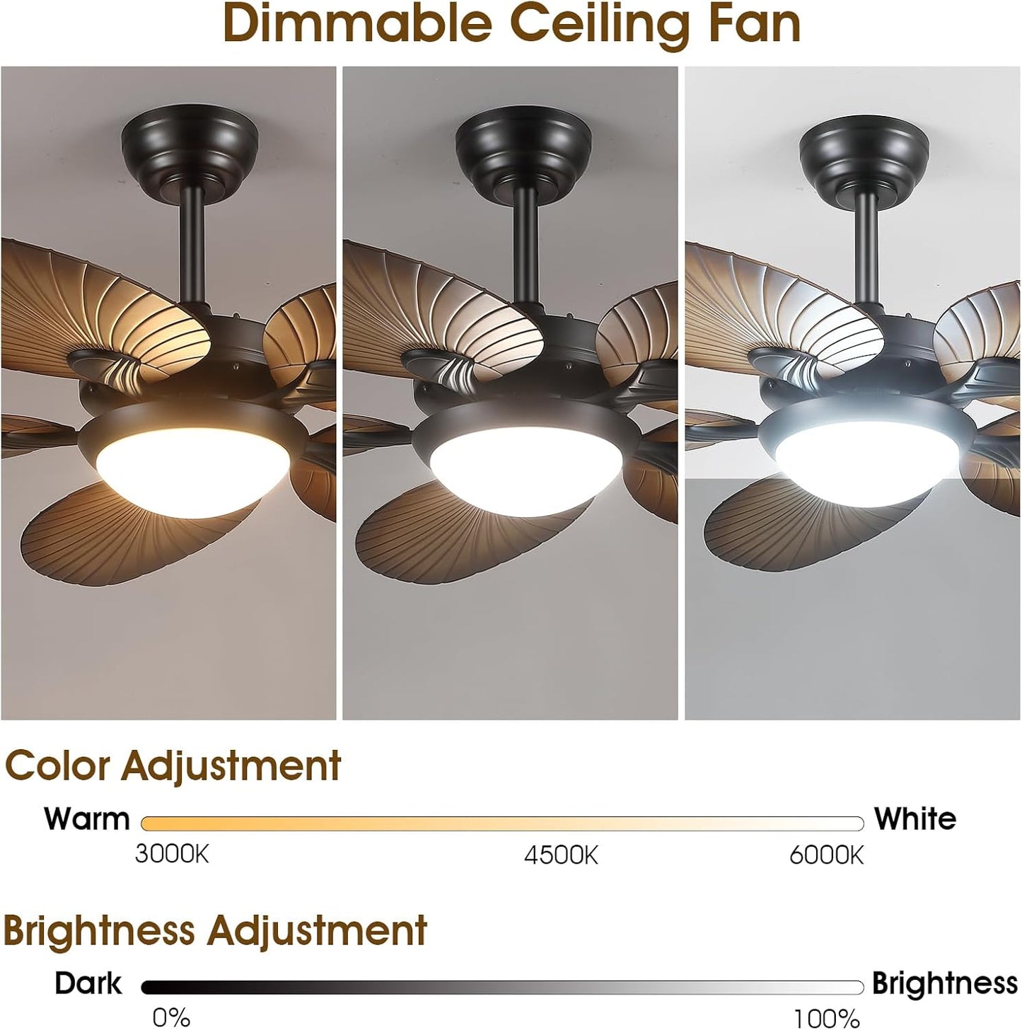 44 Inch Tropical Ceiling Fan with LED Lights, Palm Leaf Blades,6 Speed,Dimmable LED,Wood Grain Design,for Kitchen,Dining Room,Patio