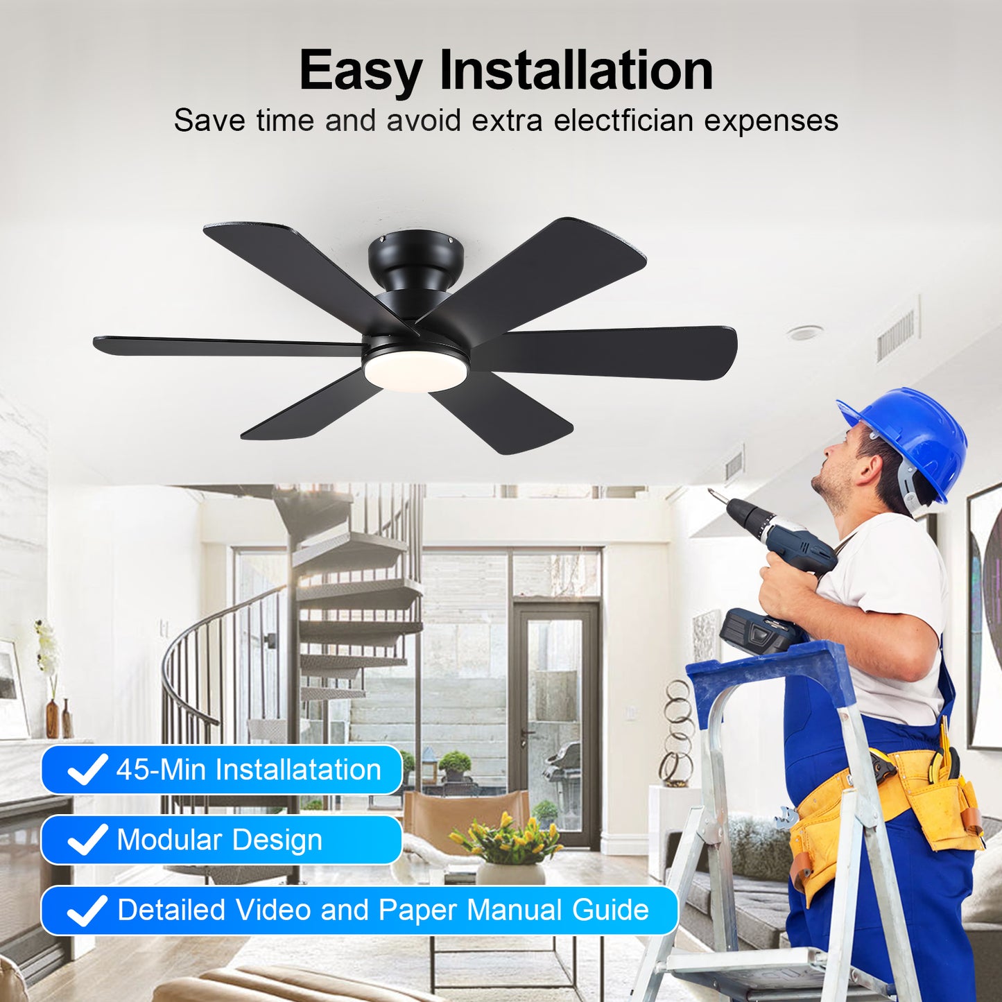 46 Inch Downrod Ceiling Fan with 5 Blades