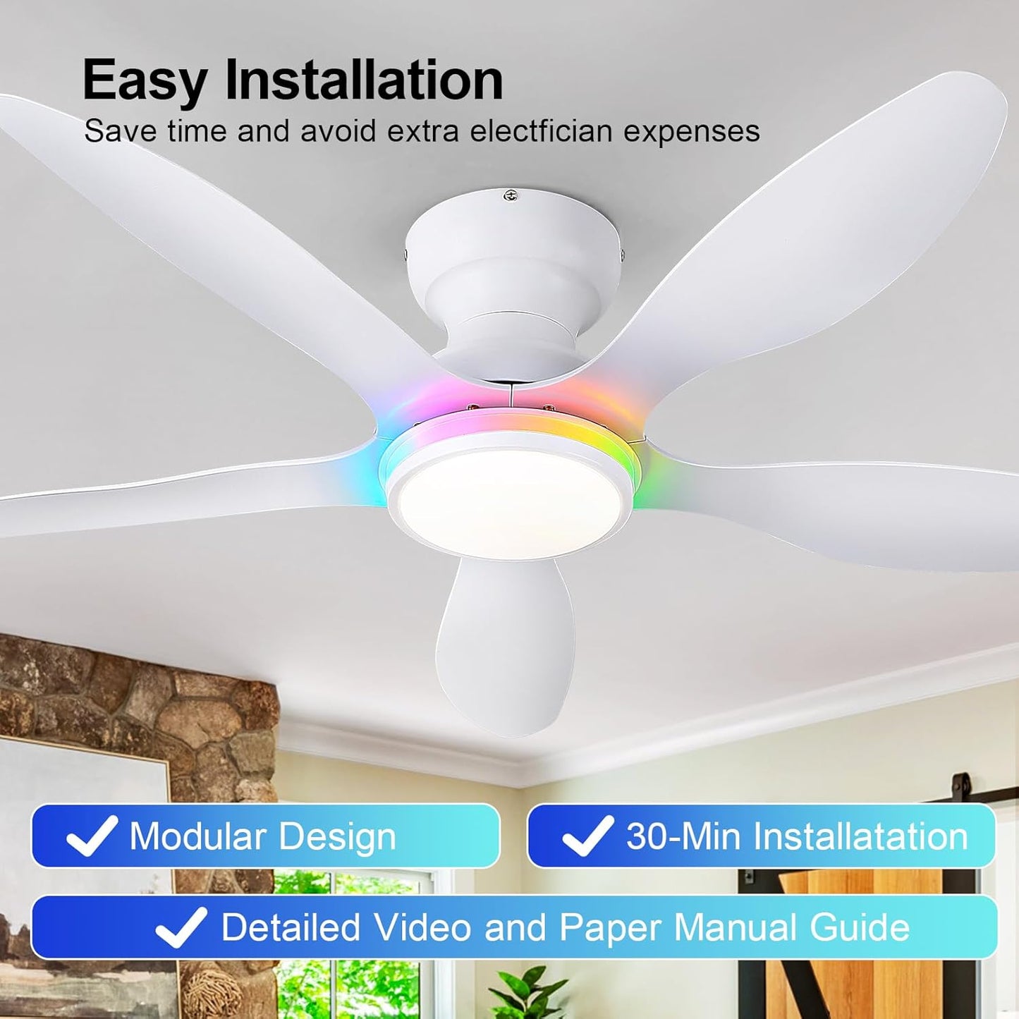 46 Inches RGB Flush Mount Ceiling Fan