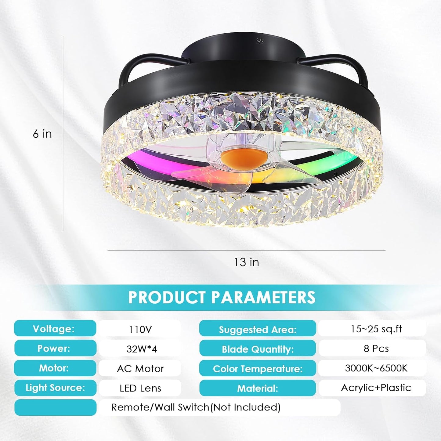 13 Inch RGB Modern Ceiling Fan with Light