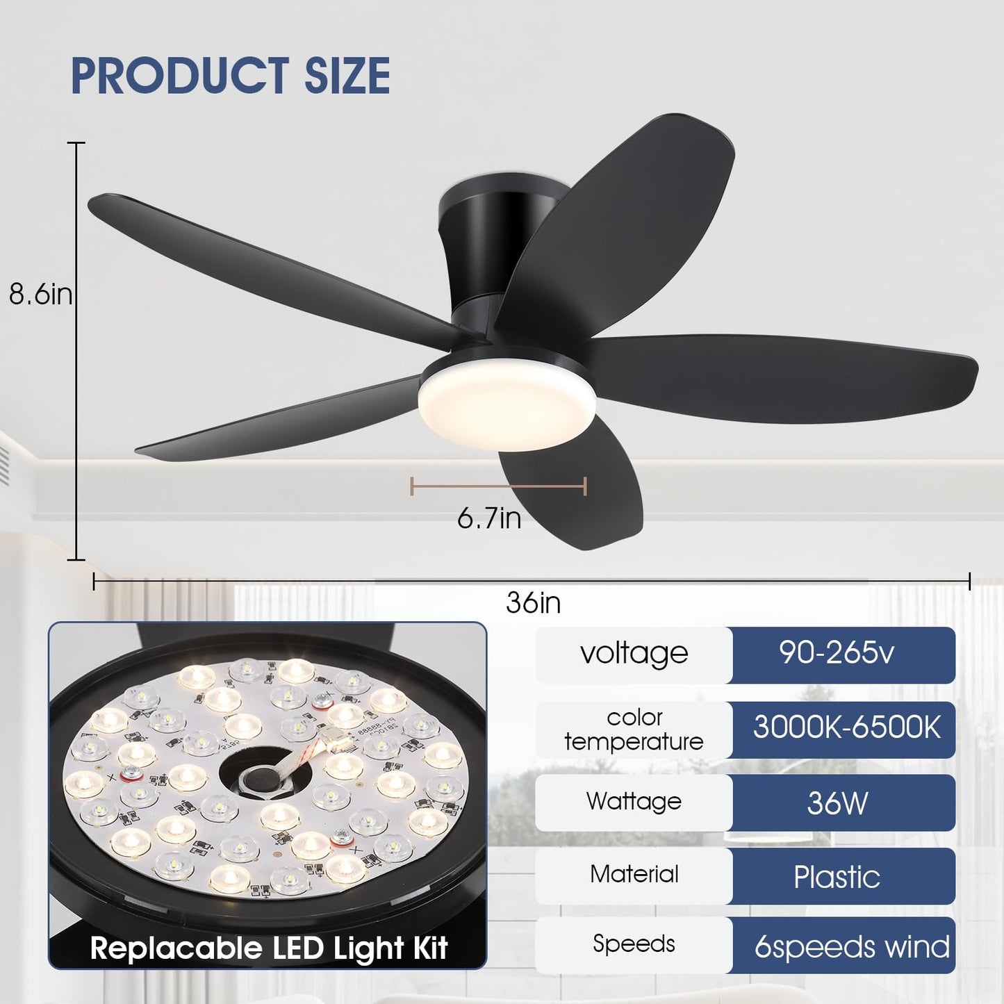 36 or 42 or 48 inch ceiling fan