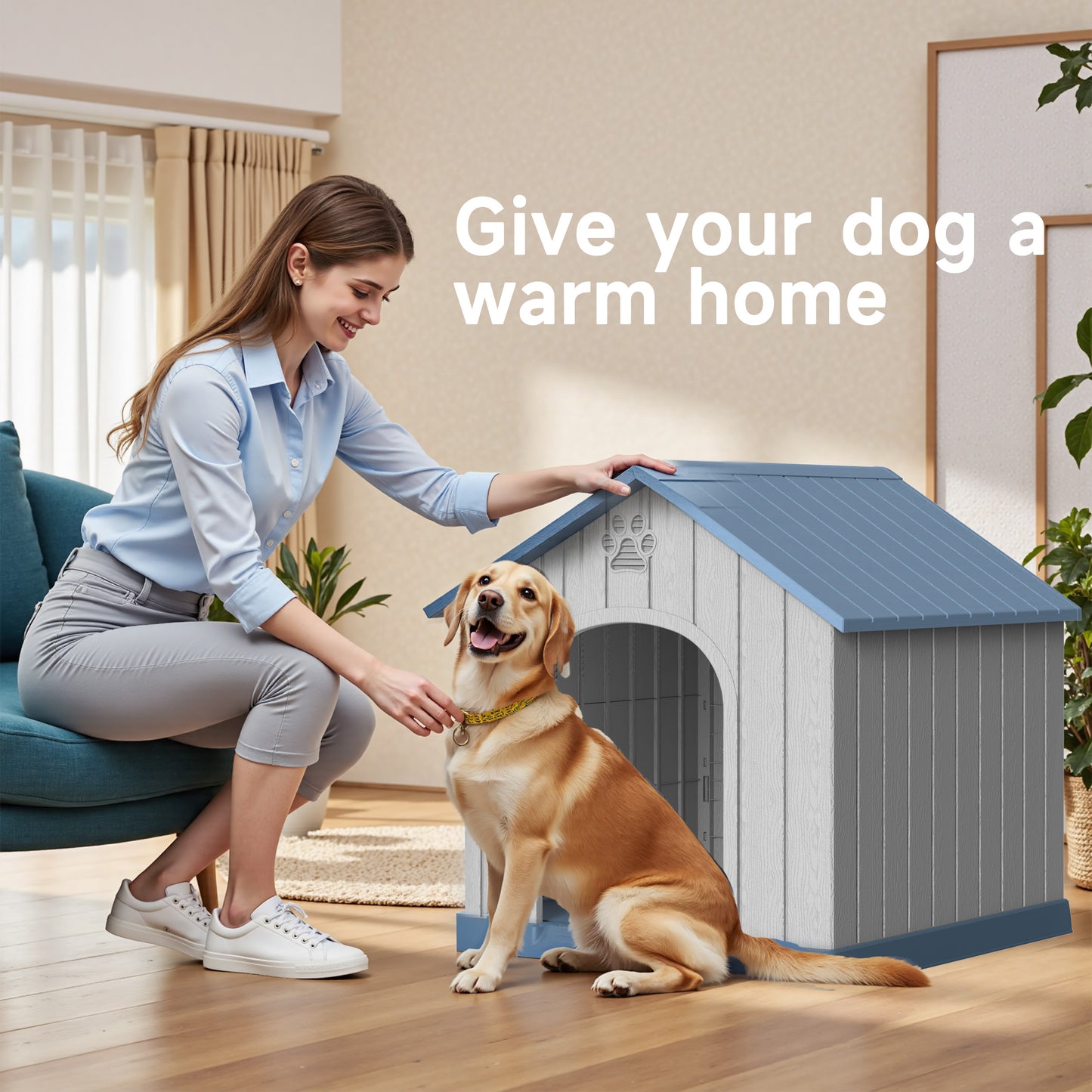 Bellura Pet - 38'' Sturdy PP Construction Water and Mildew Resistant Blue Pointed Doghouse Indoor Outdoor Pet Shelter