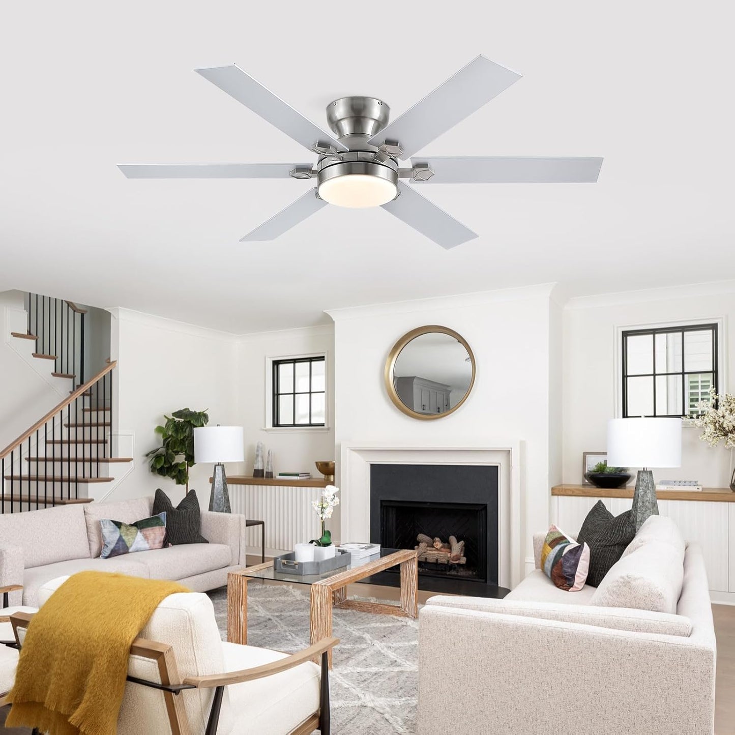 52 Inches Flus Mount 6 Blades Ceiling Fan with light