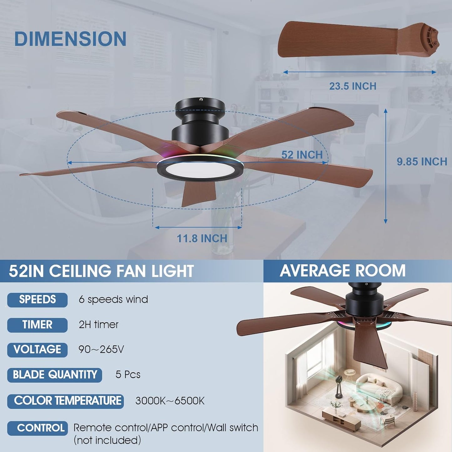 52 Inches Low Profile Ceiling Fan
