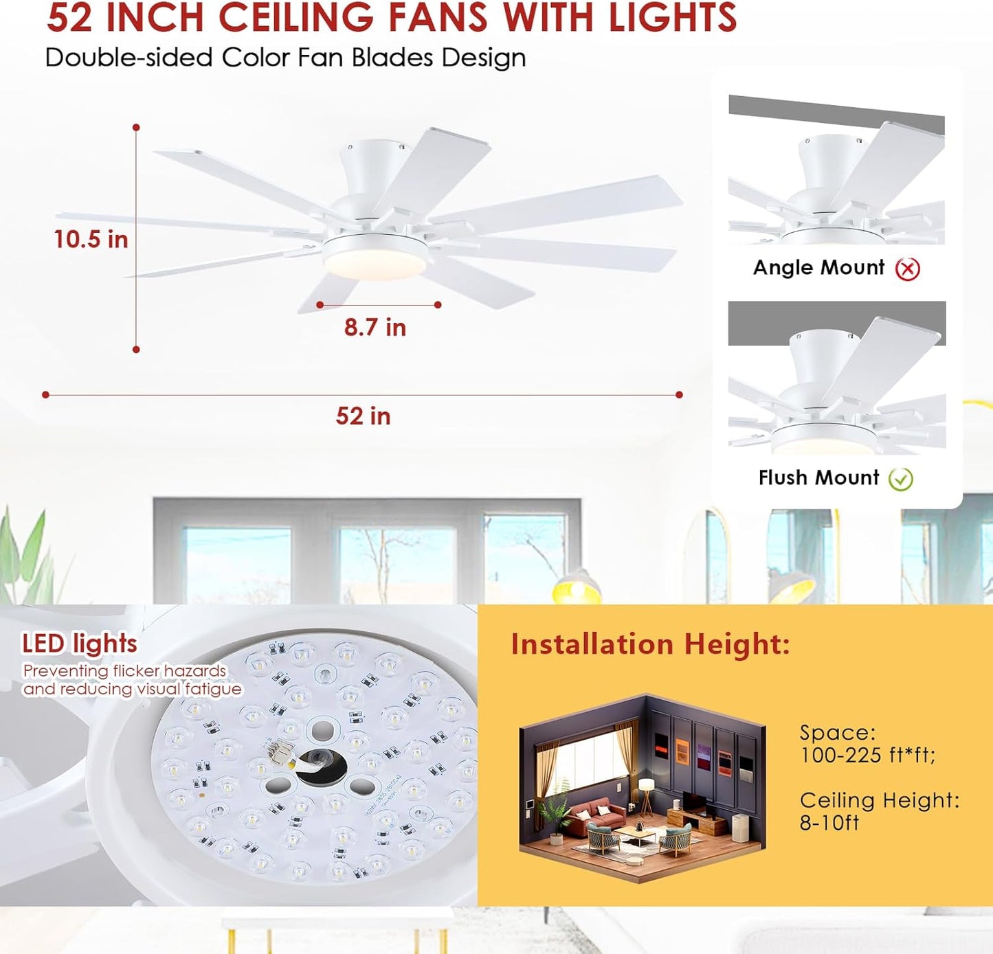 52 Inches Low Profile Ceiling Fan