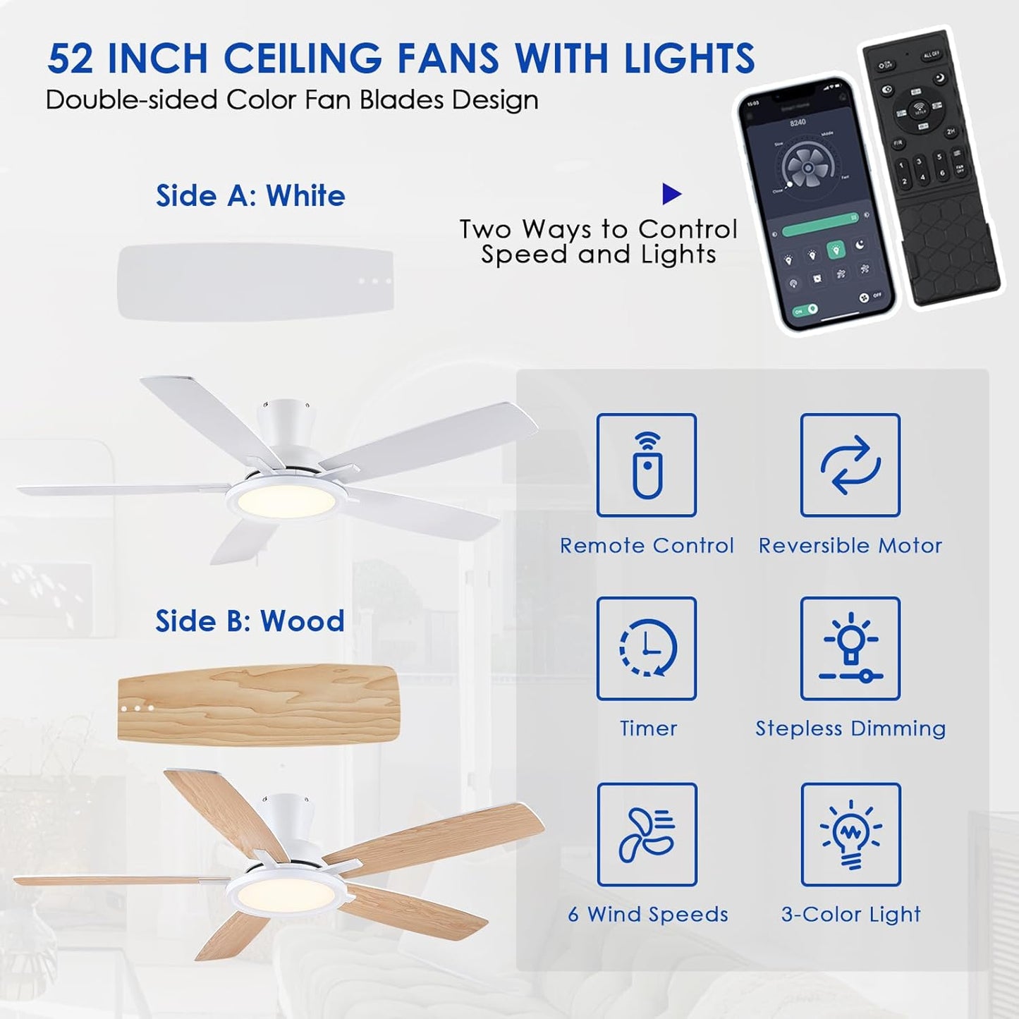 52 Inch Flush Mount Low Profile Ceiling Fan