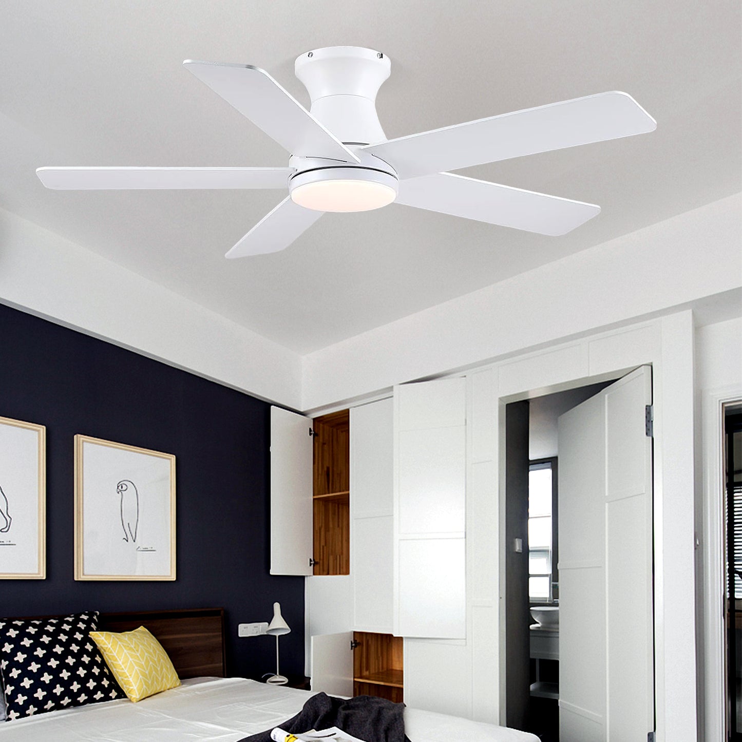 46 Inches Flush Mount Ceiling Fan Light,5 Blades,Reversible Airflow