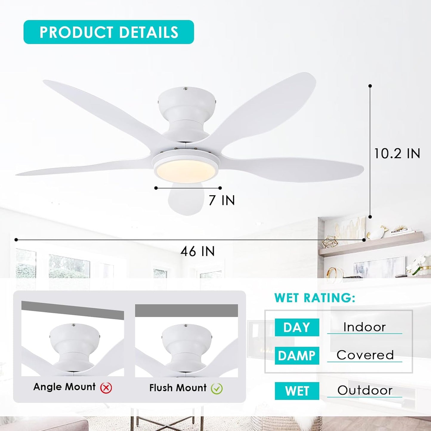 46" Flush Mount Ceiling Fan,Low Profile Ceiling Fan