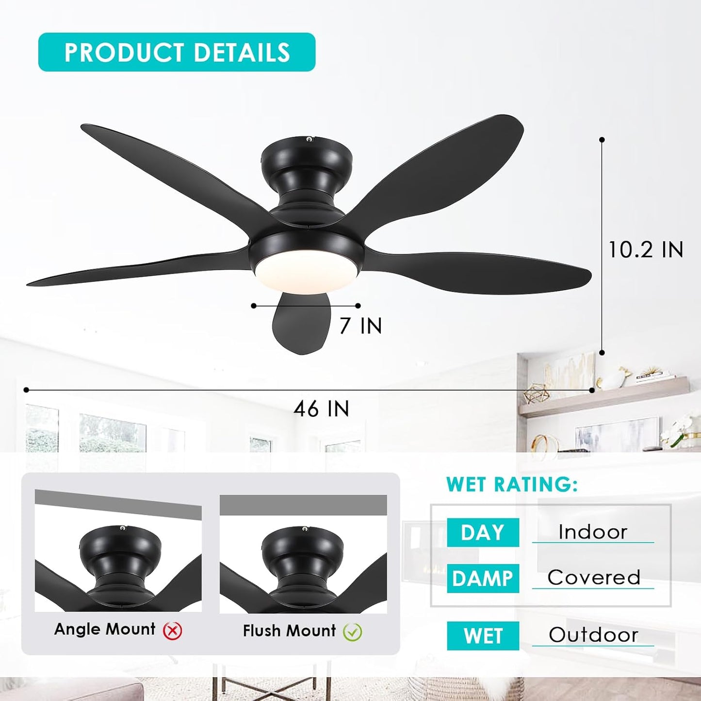 46" Flush Mount Ceiling Fan,Low Profile Ceiling Fan