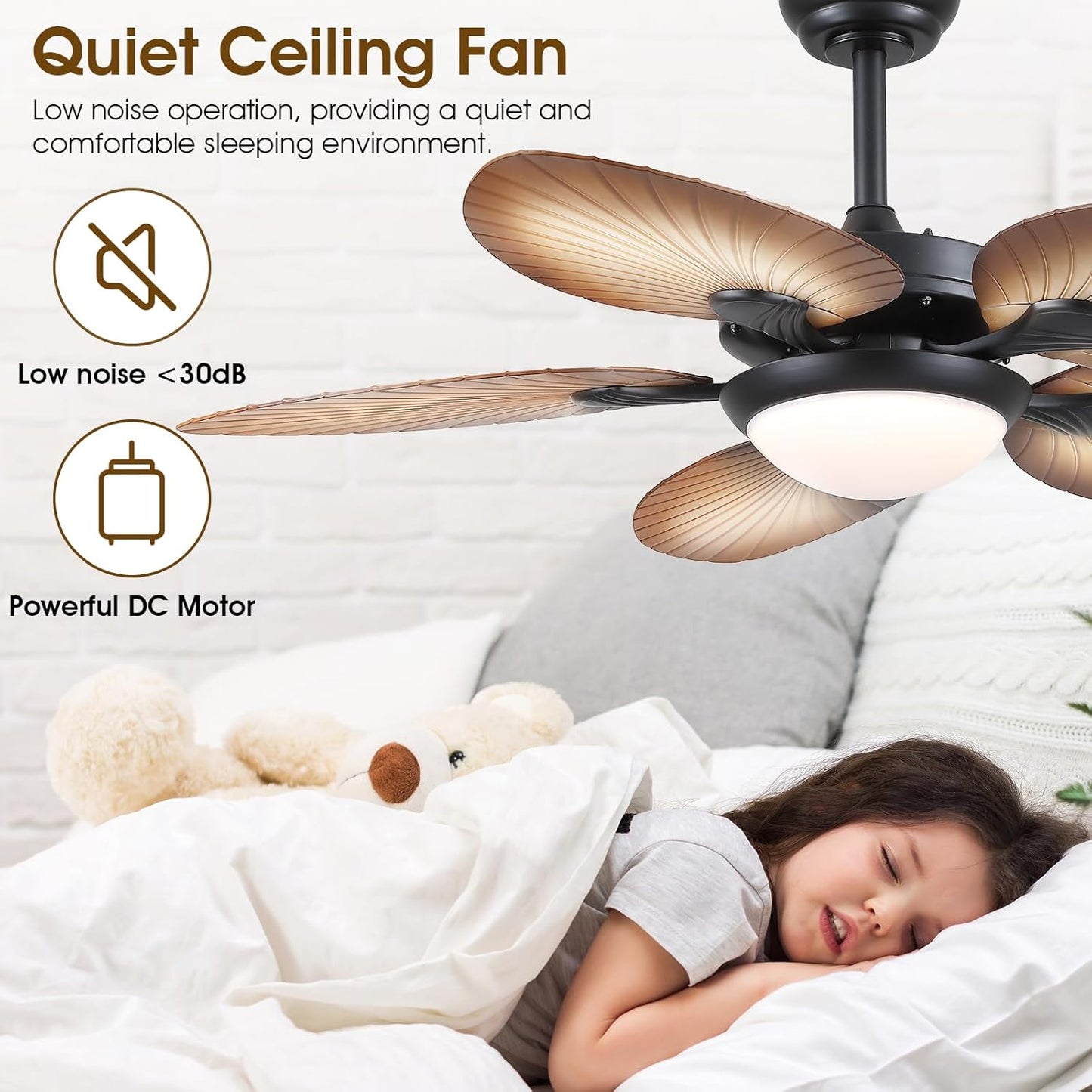 44 Inch Tropical Ceiling Fan with LED Lights, Palm Leaf Blades,6 Speed,Dimmable LED,Wood Grain Design,for Kitchen,Dining Room,Patio
