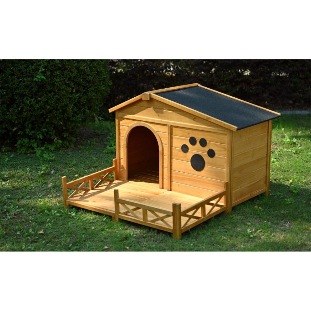 Bellura Pet 48" Wooden Dog House Outdoor with Porch, Dog Kennel with Water-Resistant Asphalt Roof and Fencing,Indoor & Outdoor Dog Crate with Paw Print, Medium, Nature