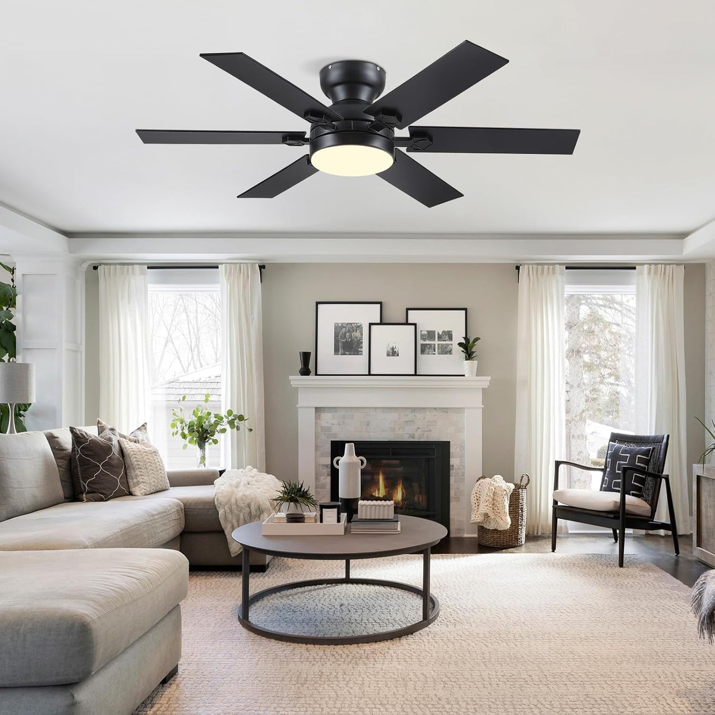46 Inch Flush Mount Ceiling Fan with Light,3 CCT LED,Reversible DC Motor,5 Plywood Blades