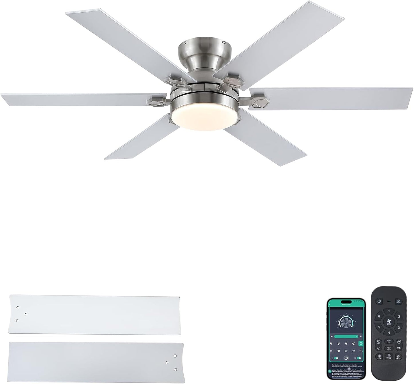 52 Inches Flus Mount 6 Blades Ceiling Fan with light