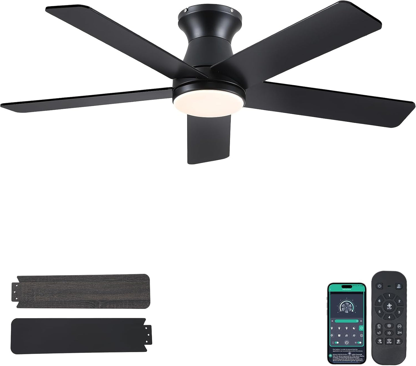 46 Inches Flush Mount Ceiling Fan Light,5 Blades,Reversible Airflow