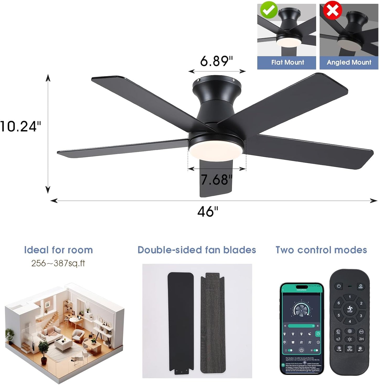 46 Inches Flush Mount Ceiling Fan Light,5 Blades,Reversible Airflow