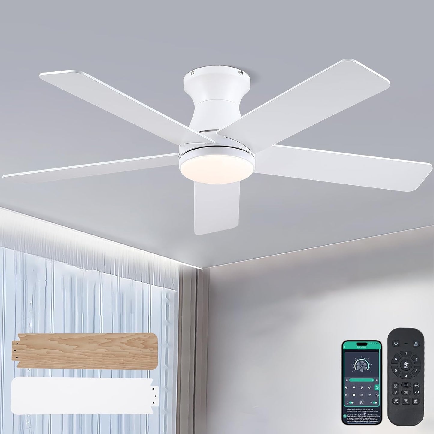 46 Inches Flush Mount Ceiling Fan Light,5 Blades,Reversible Airflow