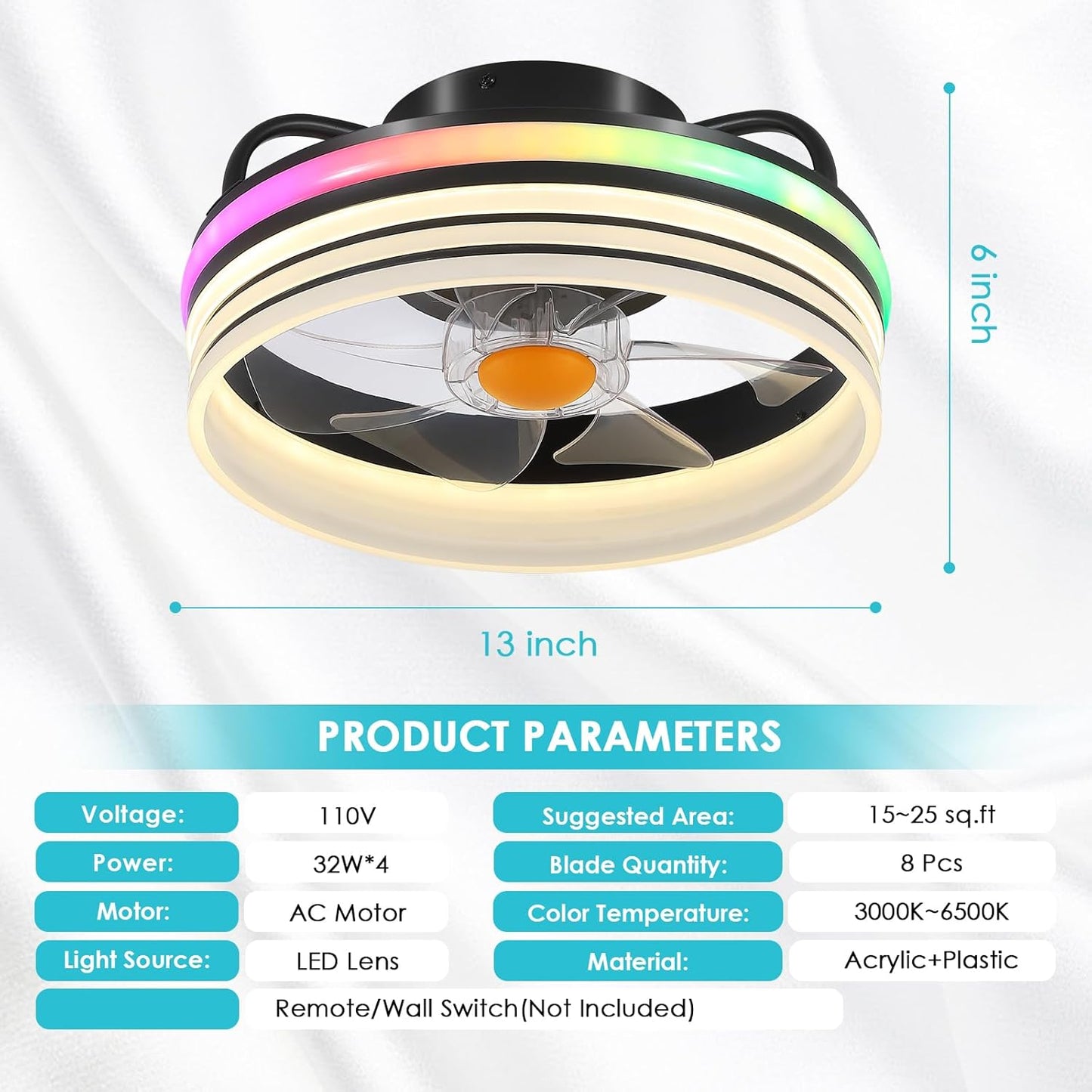 13 Inch RGB Circle Ceiing Fan with Light