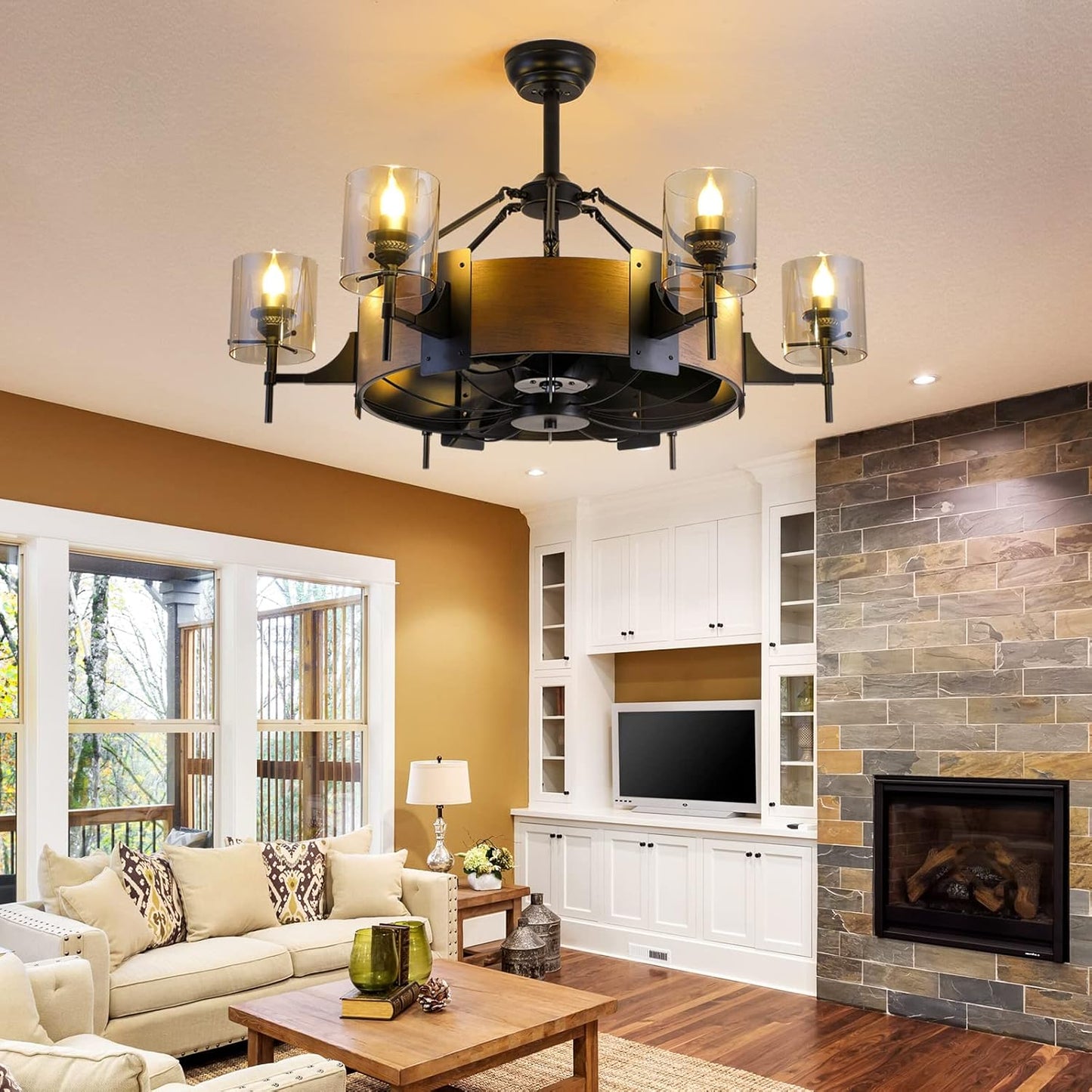 39.5 Inch Caged Downrod Ceiling Fan Light